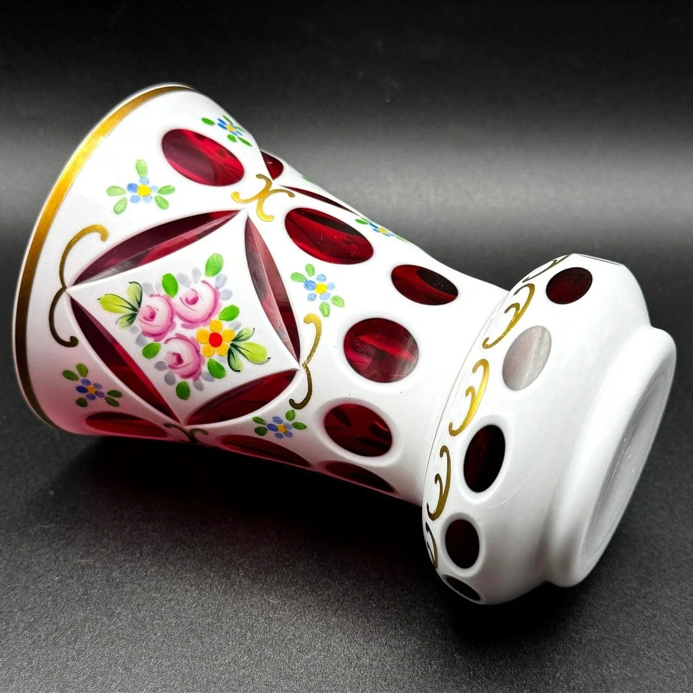 Vintage Bohemian Czech Ruby Cut to Clear White Overlay Floral Glass Vase 6